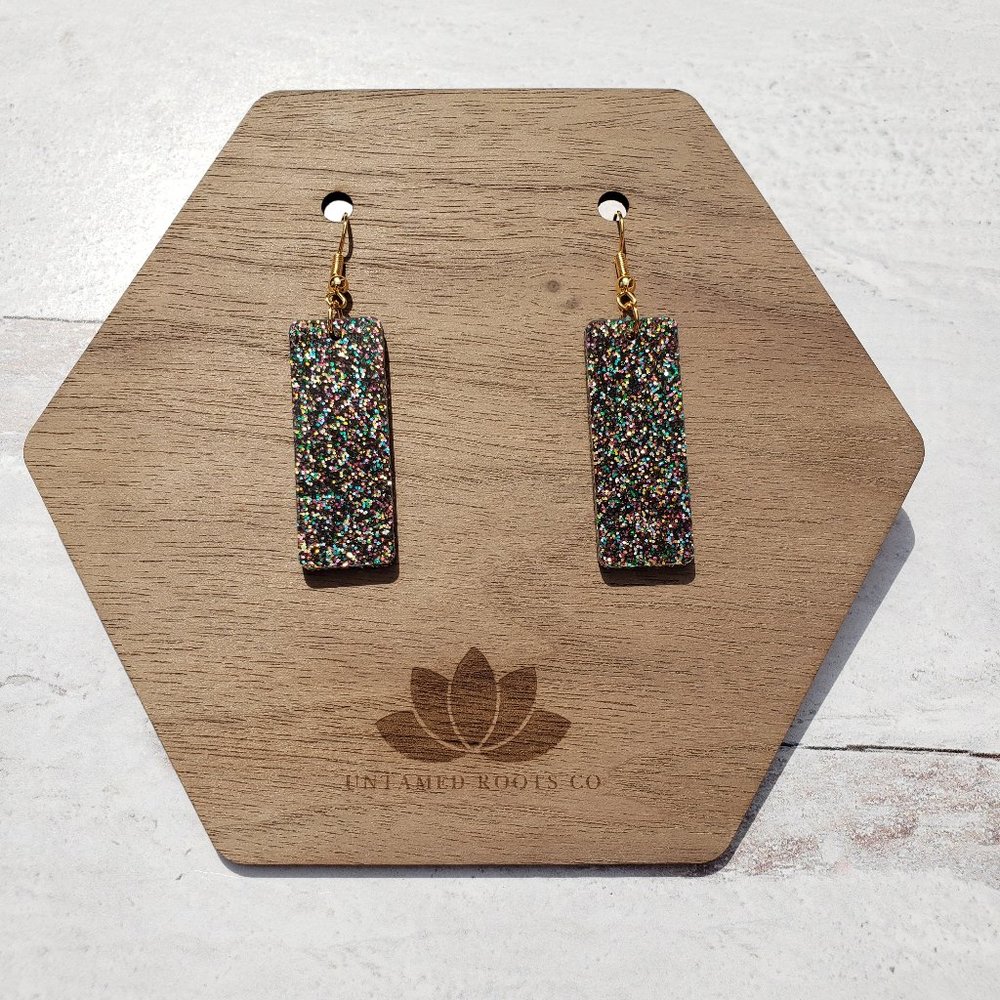 Dark Gray Holographic Glitter Large Rectangle Dangle Earrings, Handmade, Acrylic